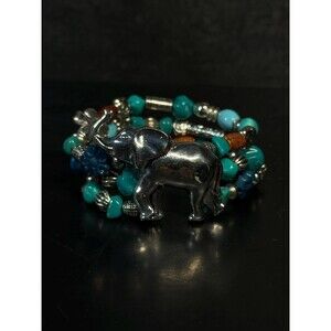 Vintage Silvertone Elephant Memory Wire Bracelet Blue Beads Three Strand